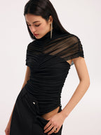 Sheer Panel Bodysuit with Ruched Short Sleeves