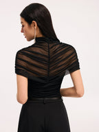 Sheer Panel Bodysuit with Ruched Short Sleeves
