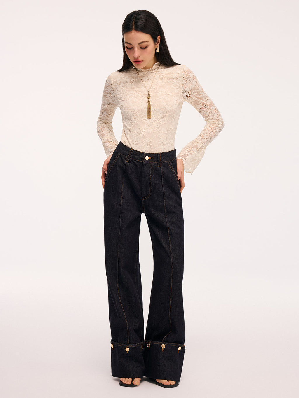 Lace Mock Neck Bodysuit with Flared Sleeves