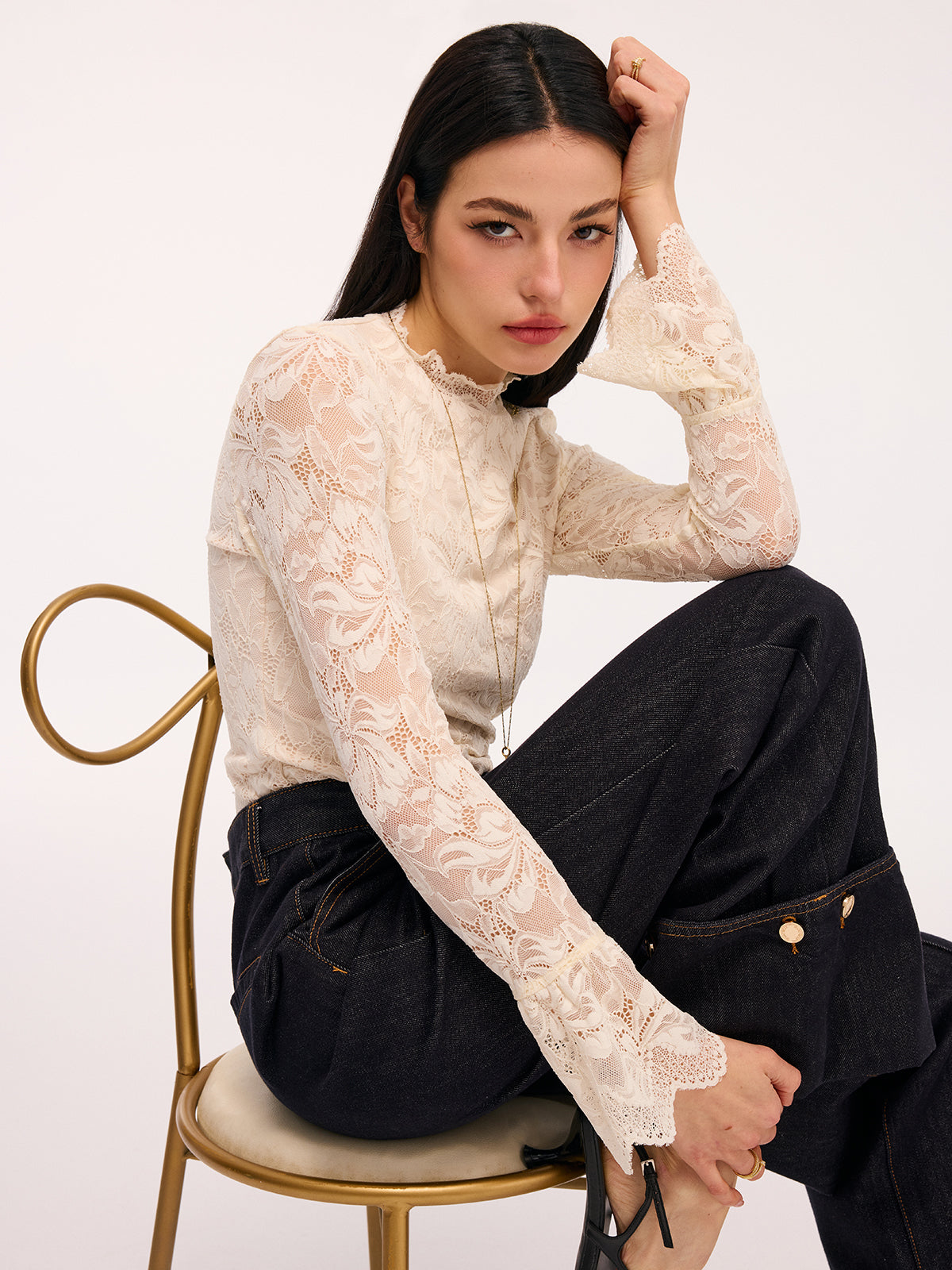 Lace Mock Neck Bodysuit with Flared Sleeves