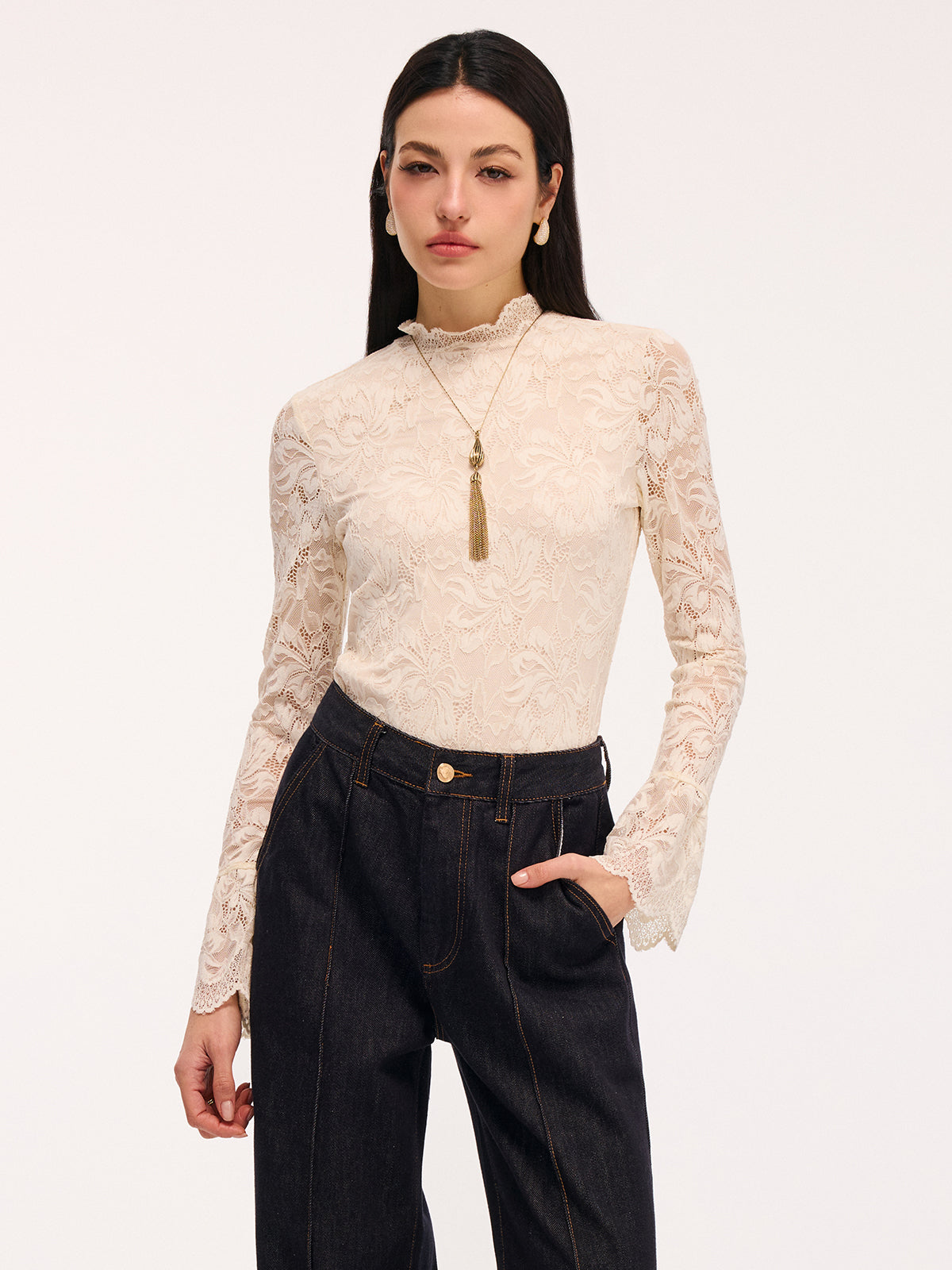Lace Mock Neck Bodysuit with Flared Sleeves
