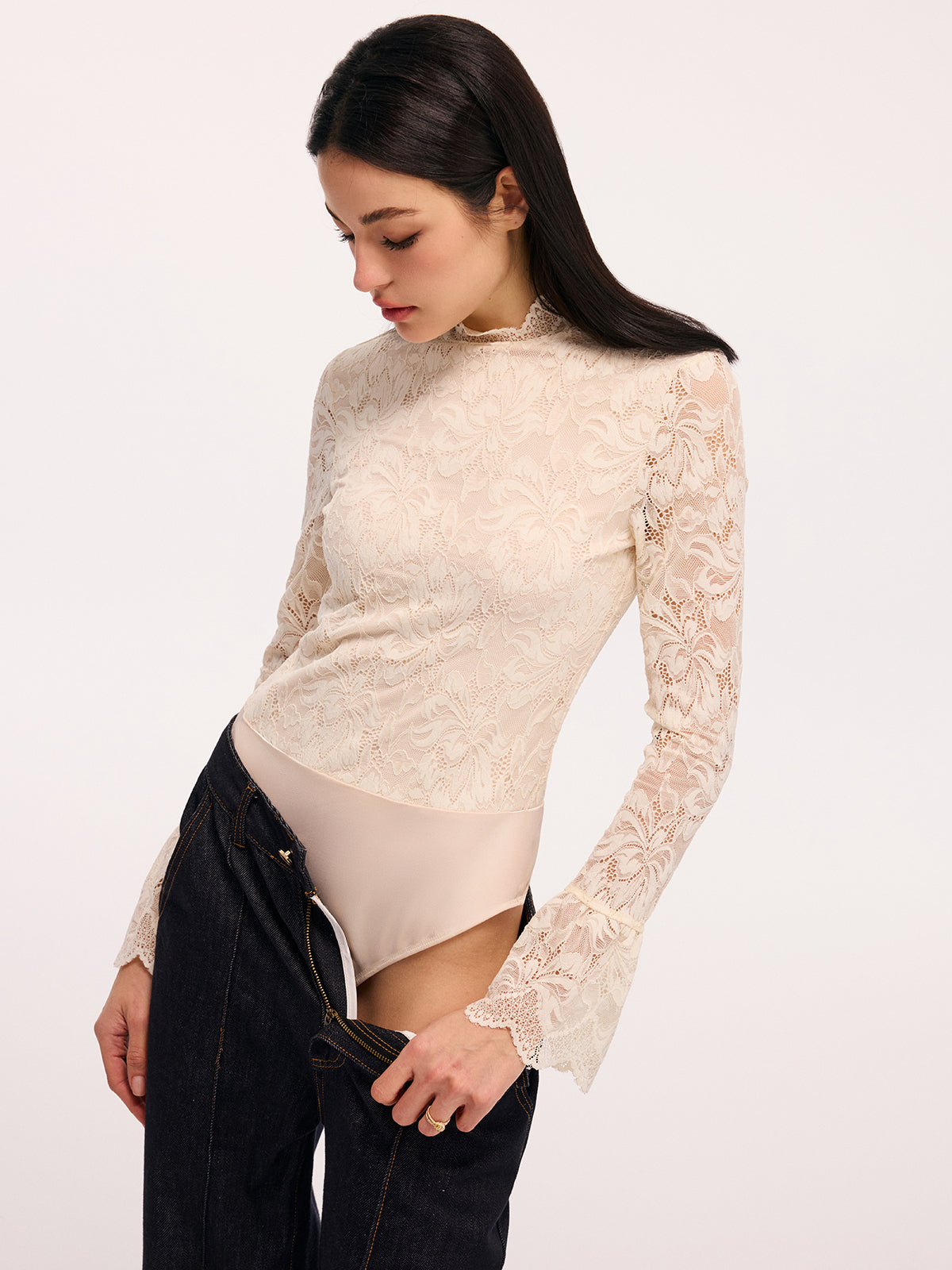 Lace Mock Neck Bodysuit with Flared Sleeves