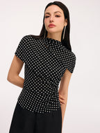 Polka Dot Ruched Blouse with Cut-Out Short Sleeves