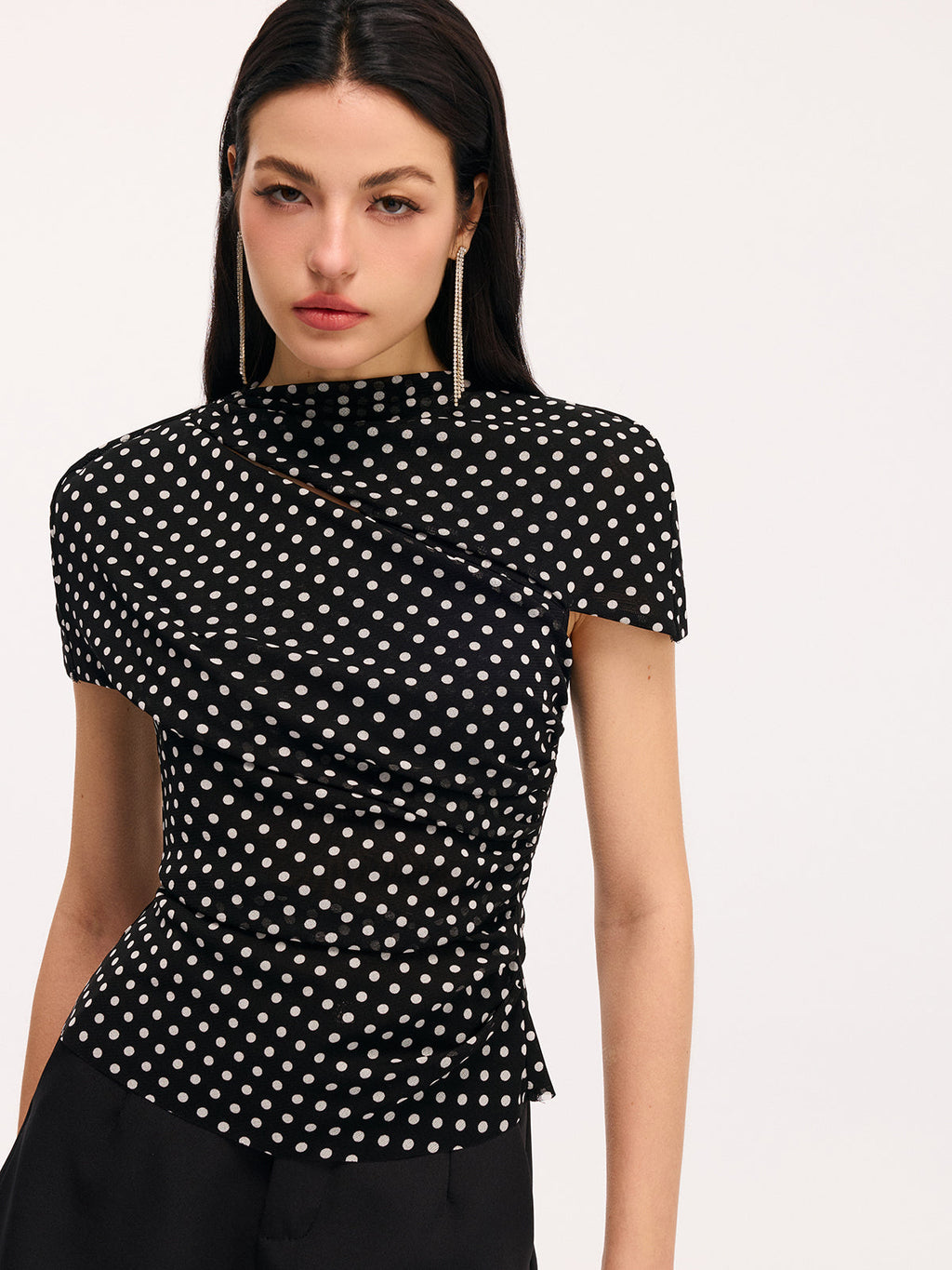 Polka Dot Ruched Blouse with Cut-Out Short Sleeves