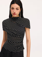 Polka Dot Ruched Blouse with Cut-Out Short Sleeves
