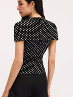 Polka Dot Ruched Blouse with Cut-Out Short Sleeves