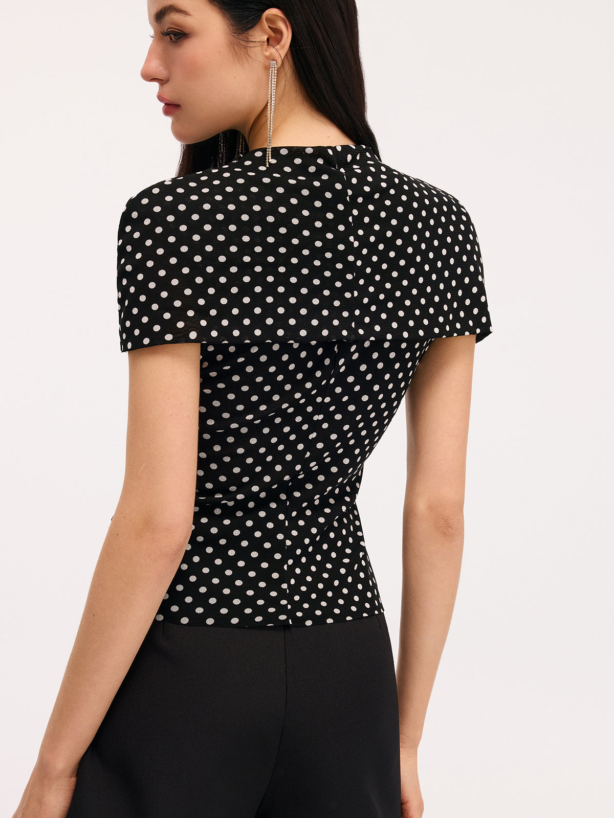 Polka Dot Ruched Blouse with Cut-Out Short Sleeves