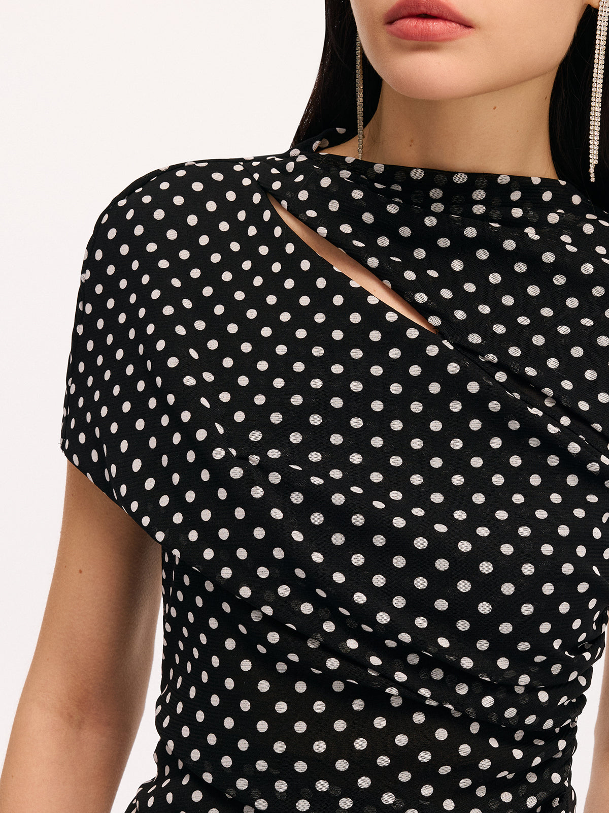 Polka Dot Ruched Blouse with Cut-Out Short Sleeves