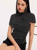 Polka Dot Ruched Blouse with Cut-Out Short Sleeves
