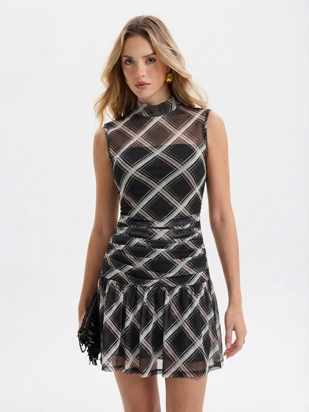 Mock Neck Ruffle Detail Mini Dress in Plaid