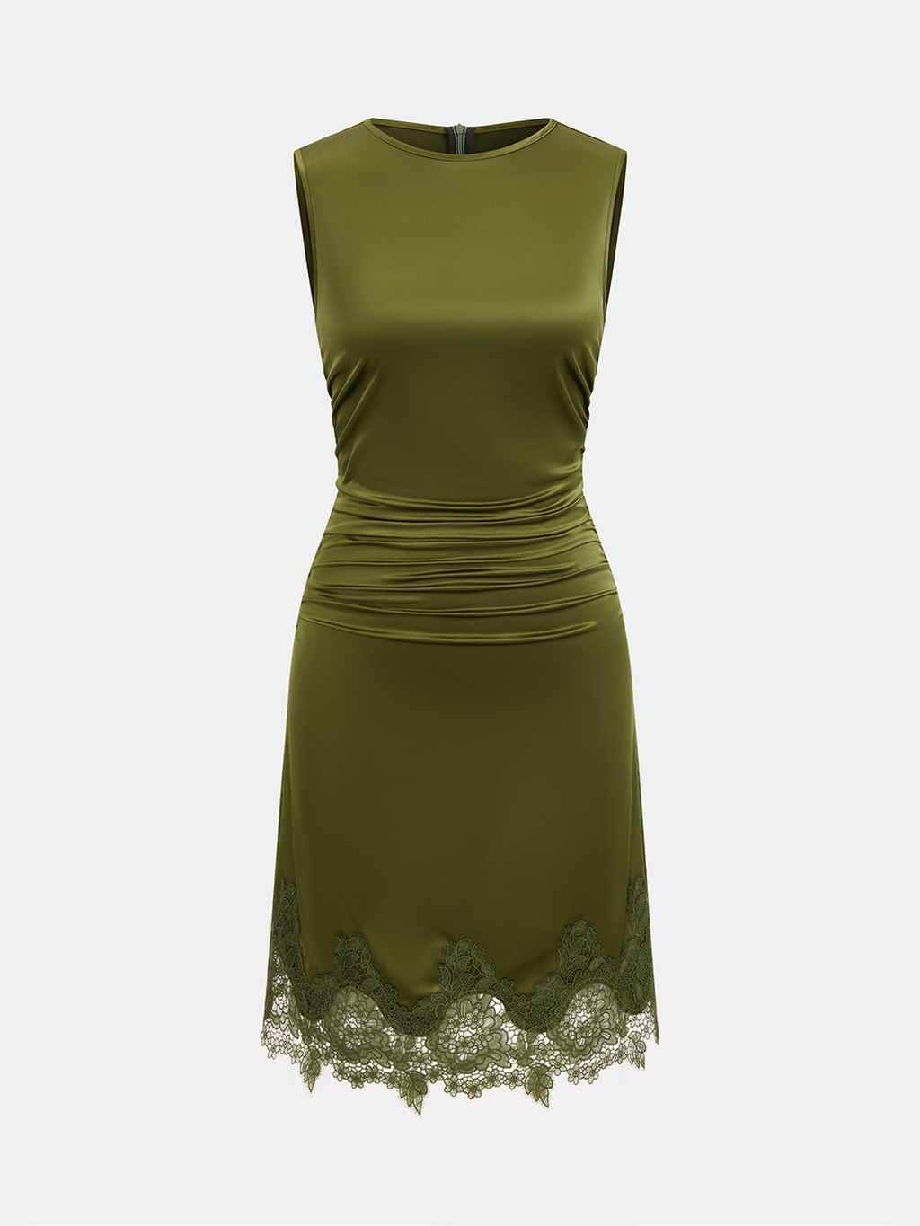 Satin Mini Dress with Lace Hem and Ruched Sleeves