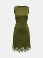 Satin Mini Dress with Lace Hem and Ruched Sleeves