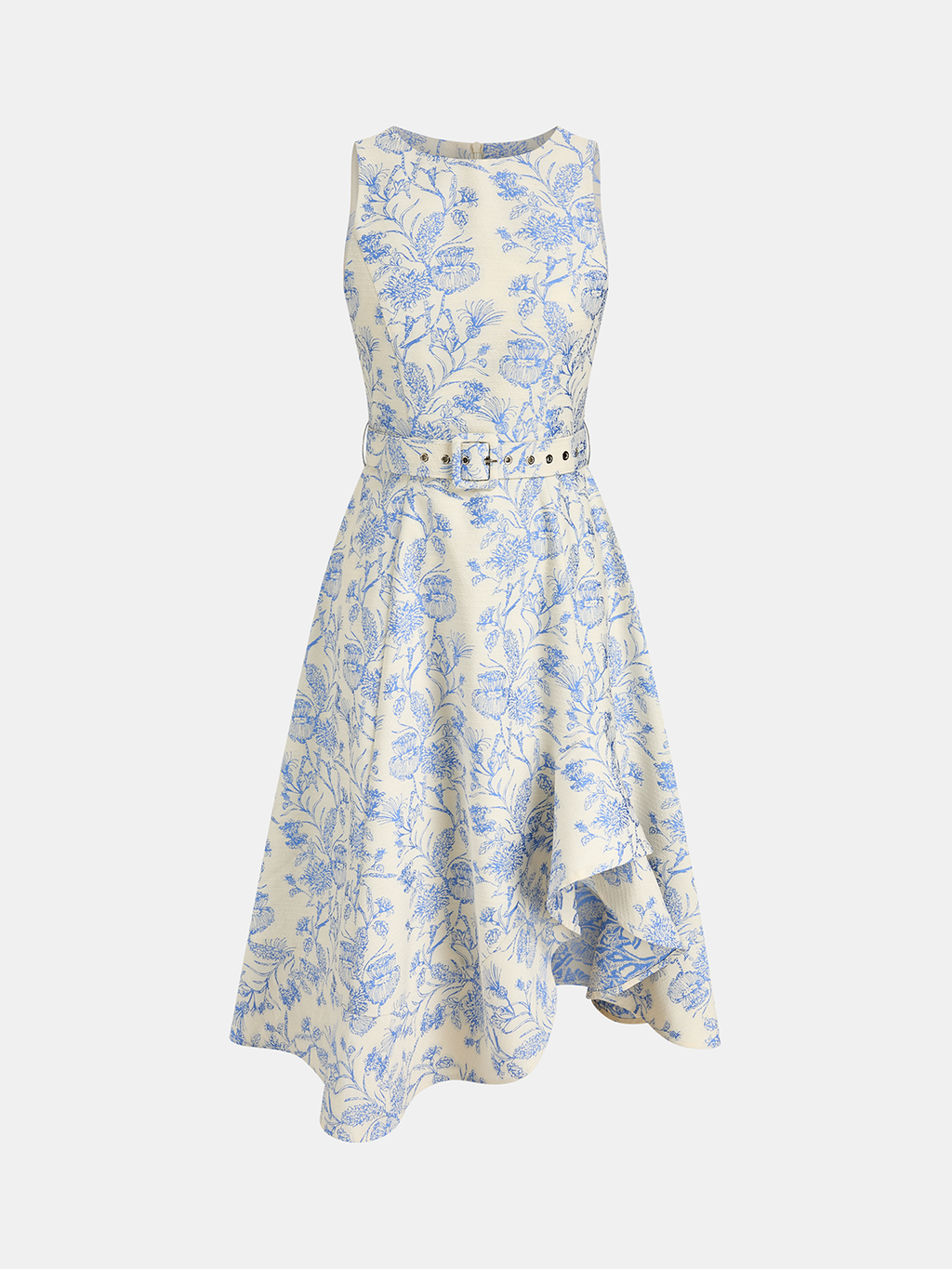 Belted Floral Print Asymmetrical Sleeveless Dress