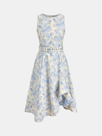 Floral Asymmetrical Dress with Belt, Sleeveless Style