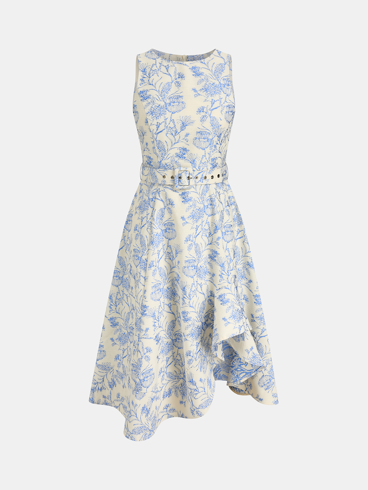 Floral Asymmetrical Dress with Belt, Sleeveless Style