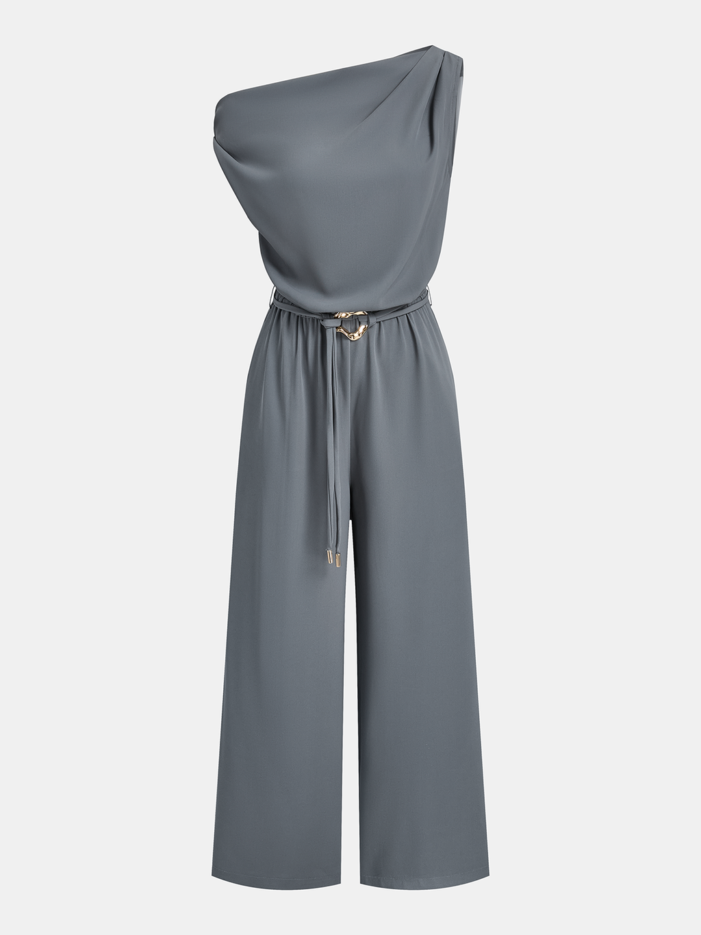 One-Shoulder Belted Jumpsuit with Draped Design