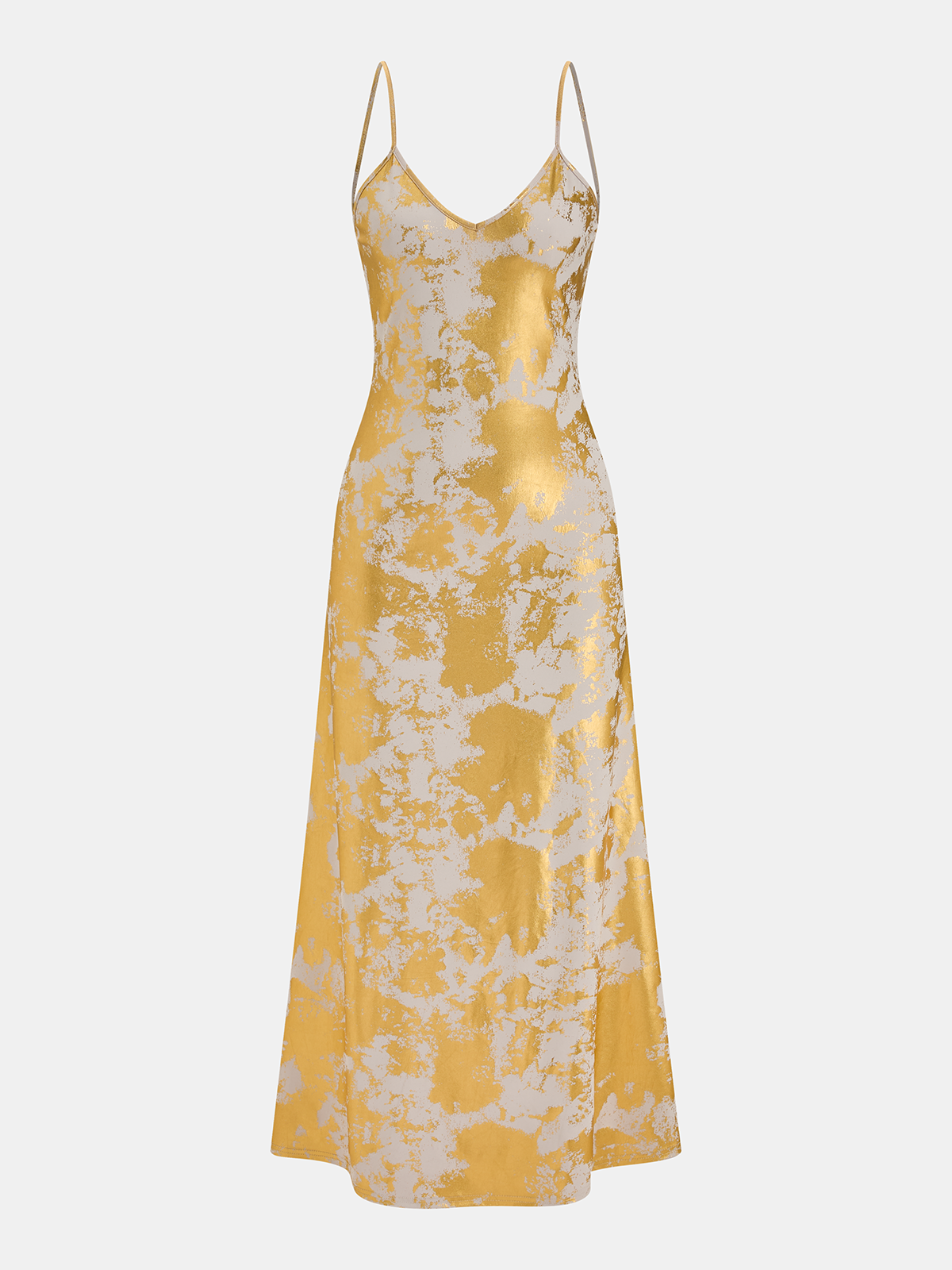 Metallic V-Neck Backless Slip Dress with Long Hem