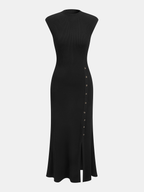 Button-Accented Cap Sleeve Ribbed Maxi Dress