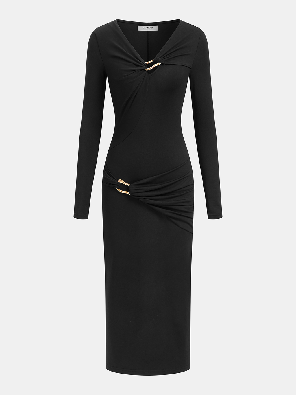 Metal Accent Long-Sleeve Midi Dress