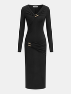 Metal Accent Long-Sleeve Midi Dress