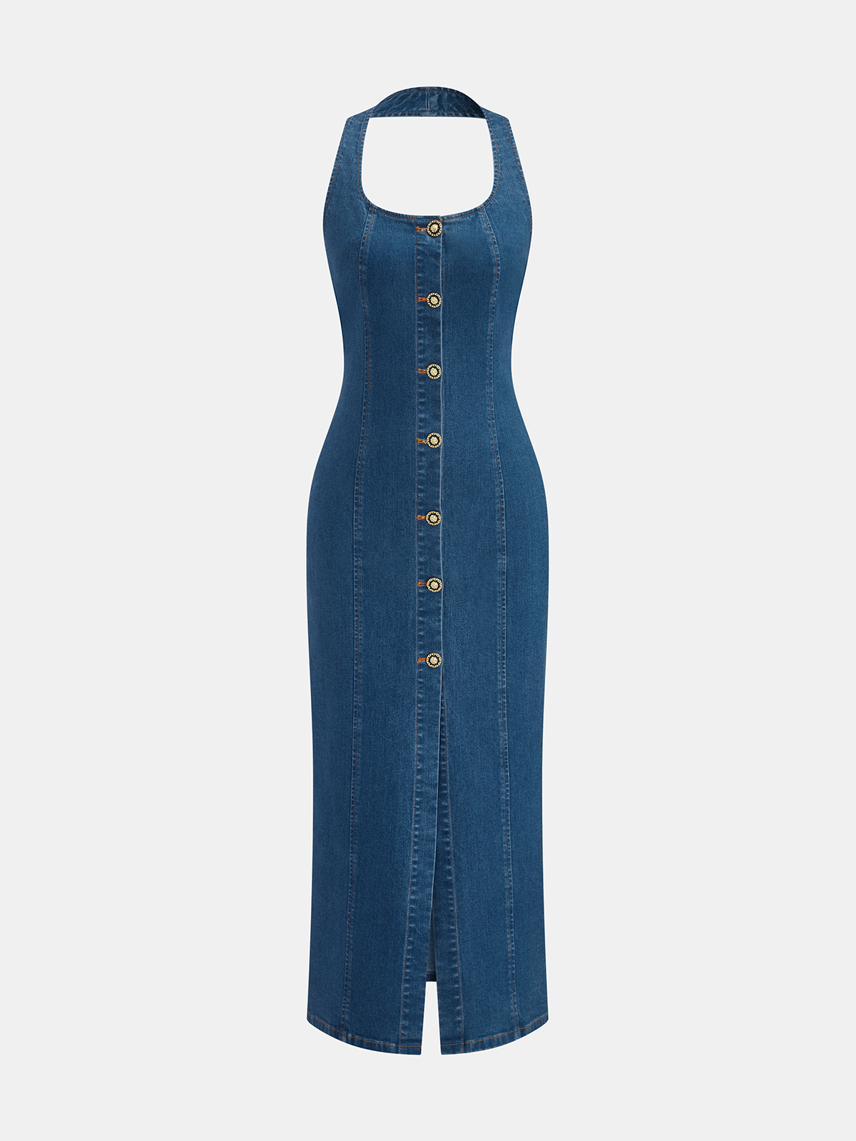 Denim Halter Maxi Dress with Button Front Detail