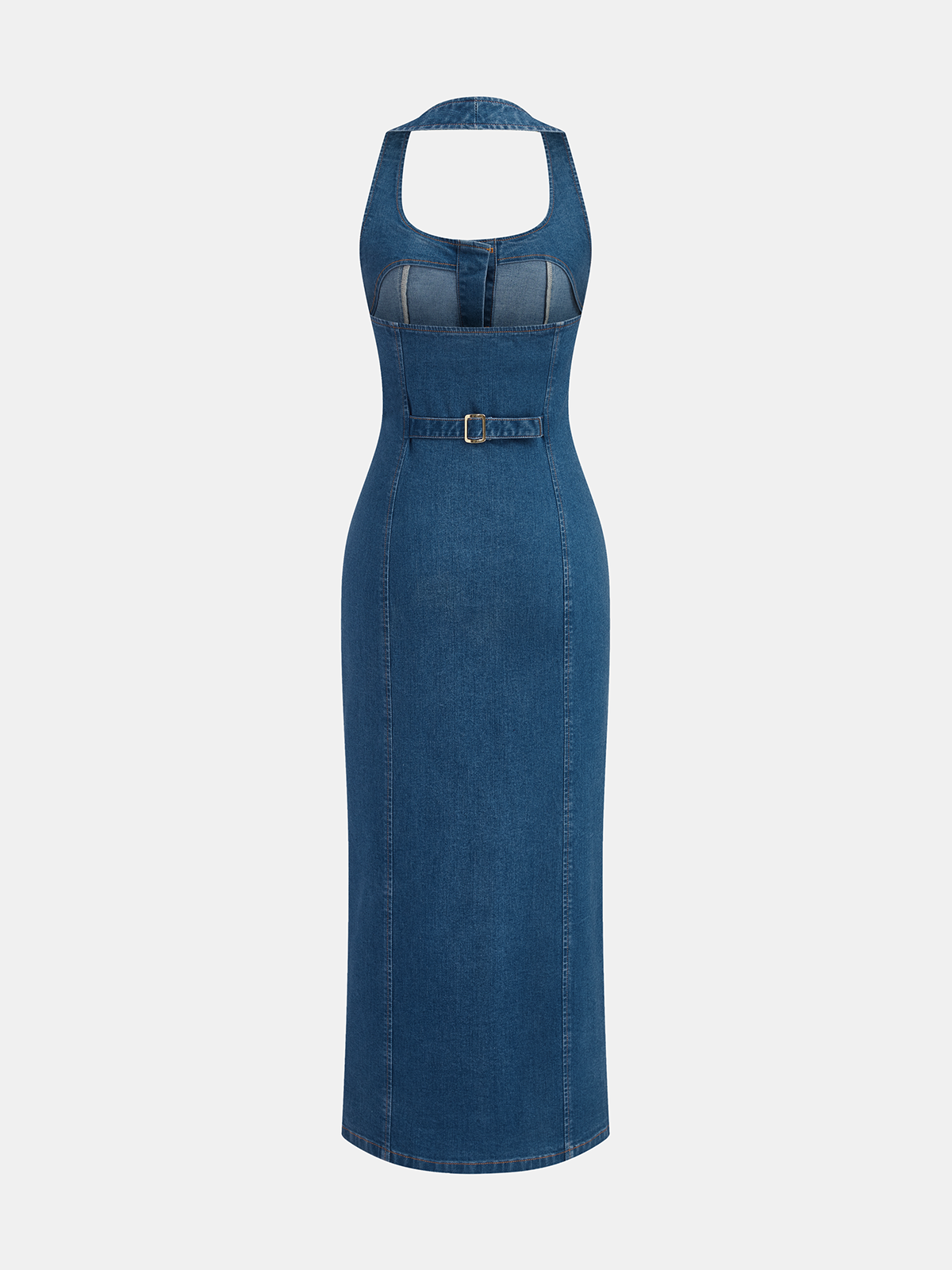 Denim Halter Dress with Button-Front Maxi Design