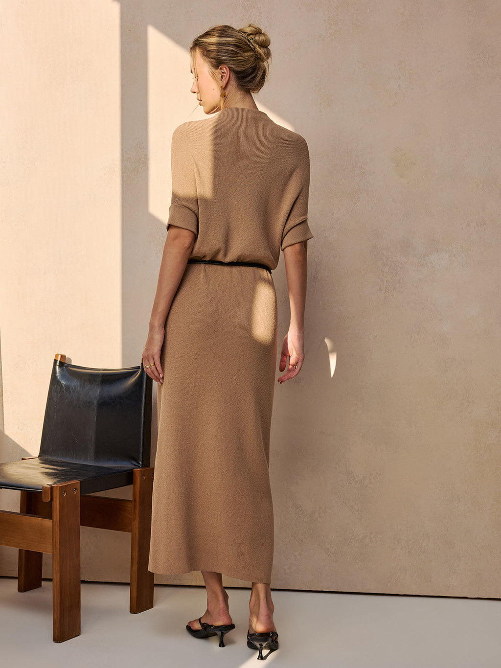 Ribbed Knit Midi Dress with Belt Detail
