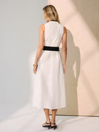 Belted Cotton Maxi Dress with Contrast Trim Sleeveless