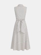 Striped Tie Waist Sleeveless Collared Midi Dress