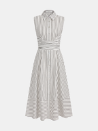 Striped Sleeveless Midi Dress with Collared Tie Waist