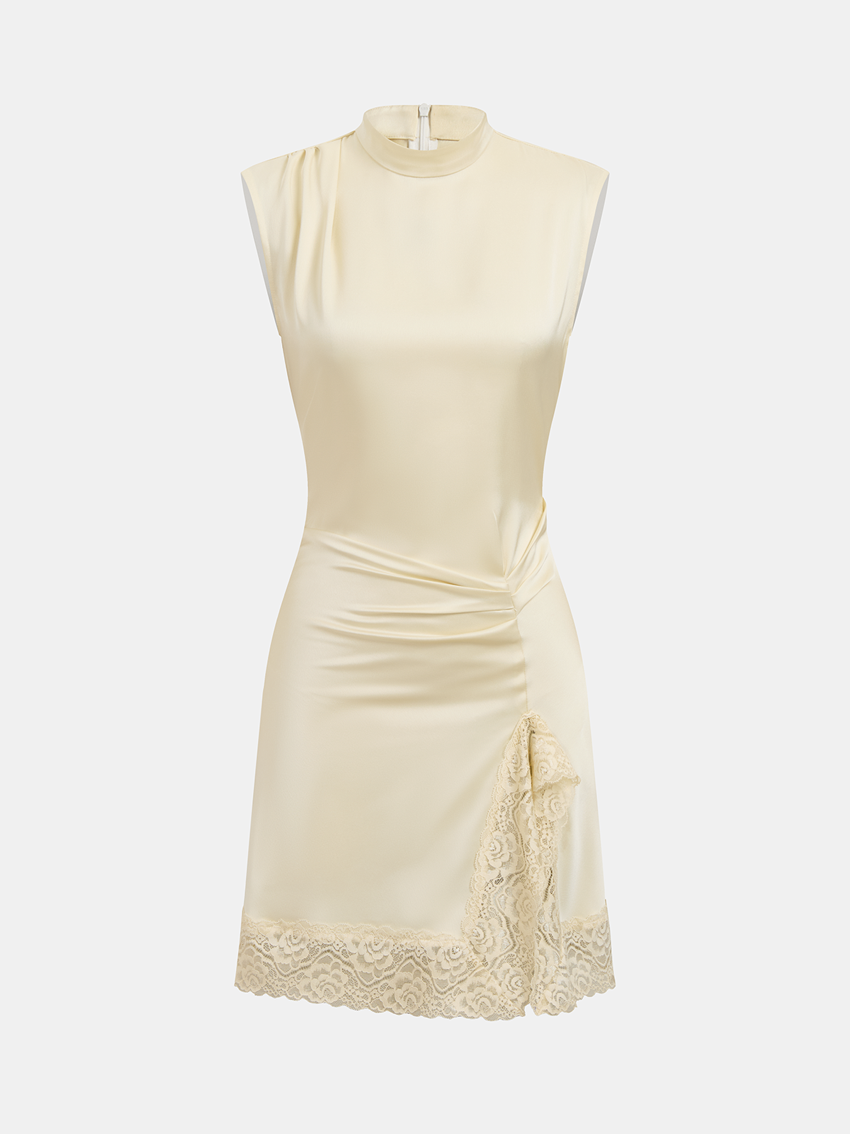 Satin Mini Dress with Lace Trim, Sleeveless