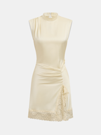 Satin Mini Dress with Sleeveless Lace Trim