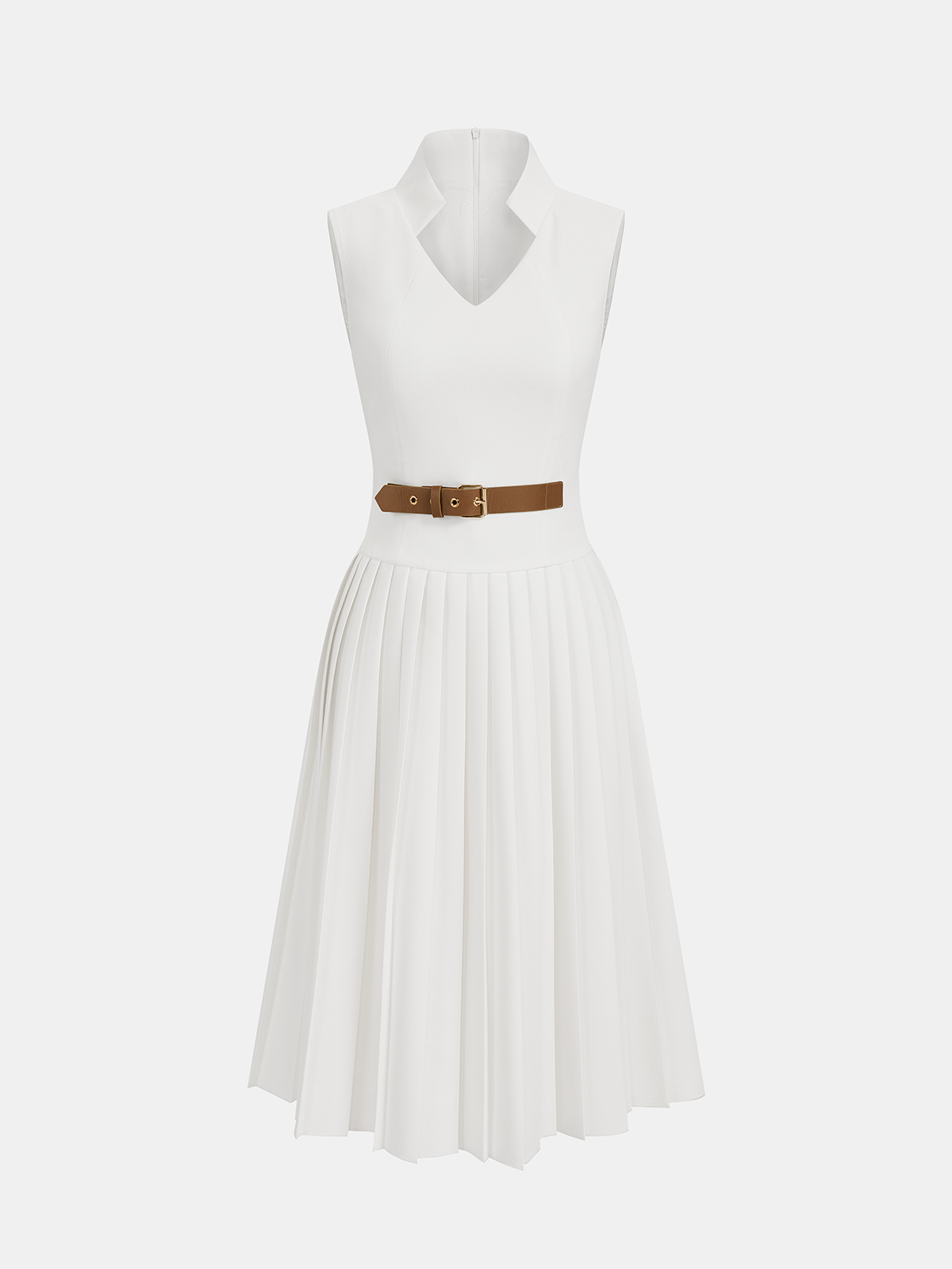 Belted Dress with Pleated Skirt and Collar Detail