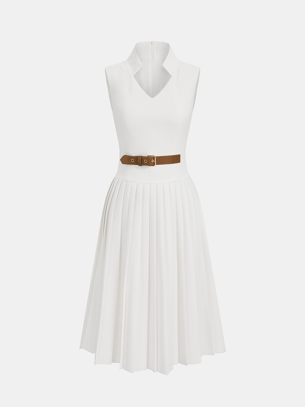 Sleeveless Belted Dress with Collar and Pleats