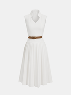 Sleeveless Belted Dress with Collar and Pleats