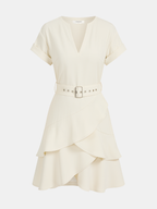 V-Neck Dress with Belt and Ruffle Short Sleeves