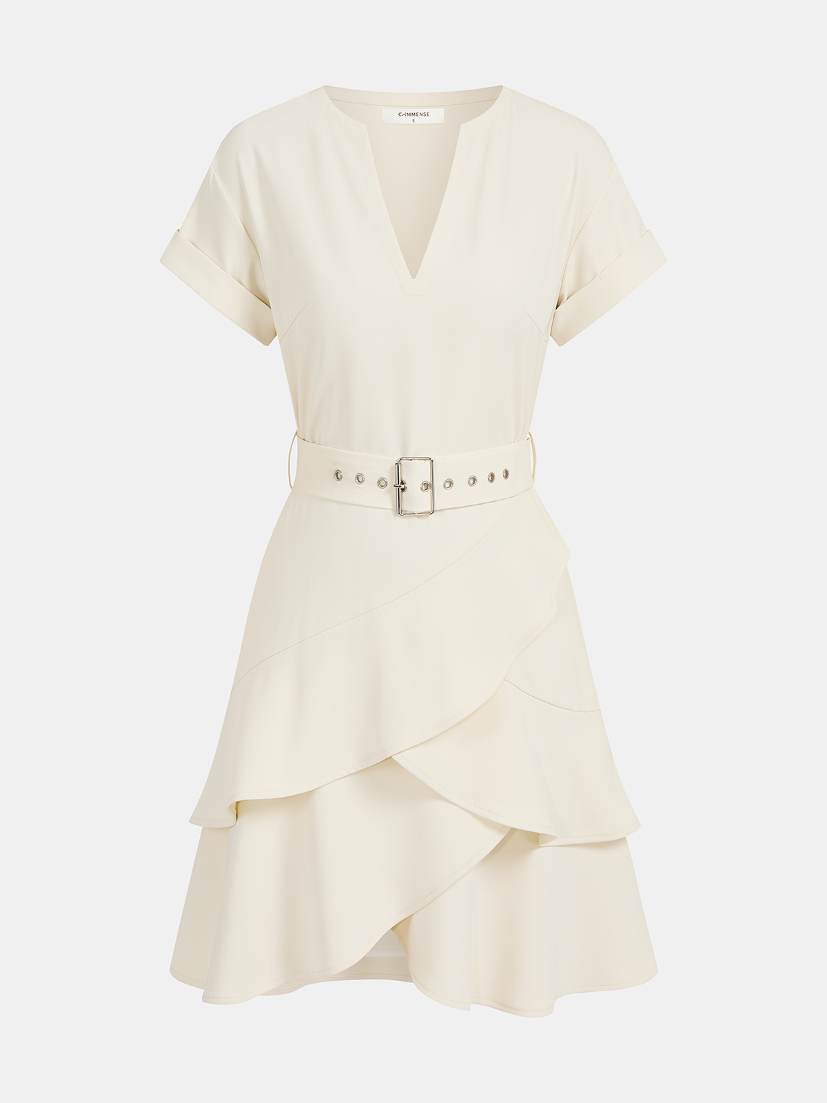 V-Neck Dress with Belt and Ruffle Short Sleeves