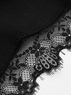 Button-Up Ribbed Knit Top with Lace Trim