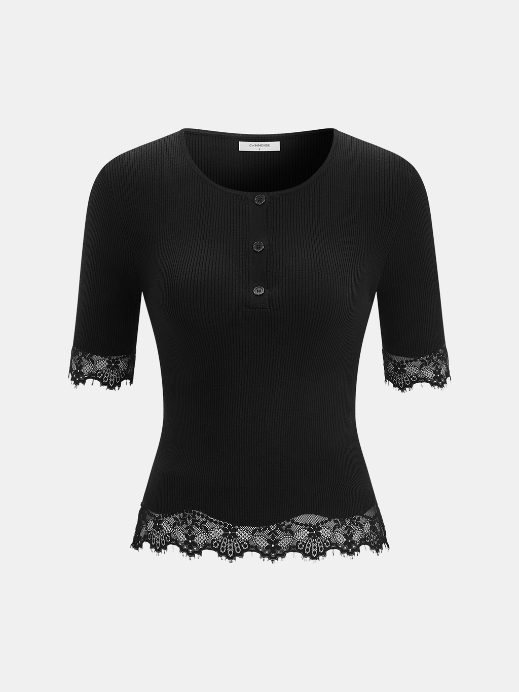 Button-Up Ribbed Knit Top with Lace Trim