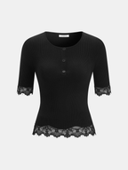 Button-Up Ribbed Knit Top with Lace Trim