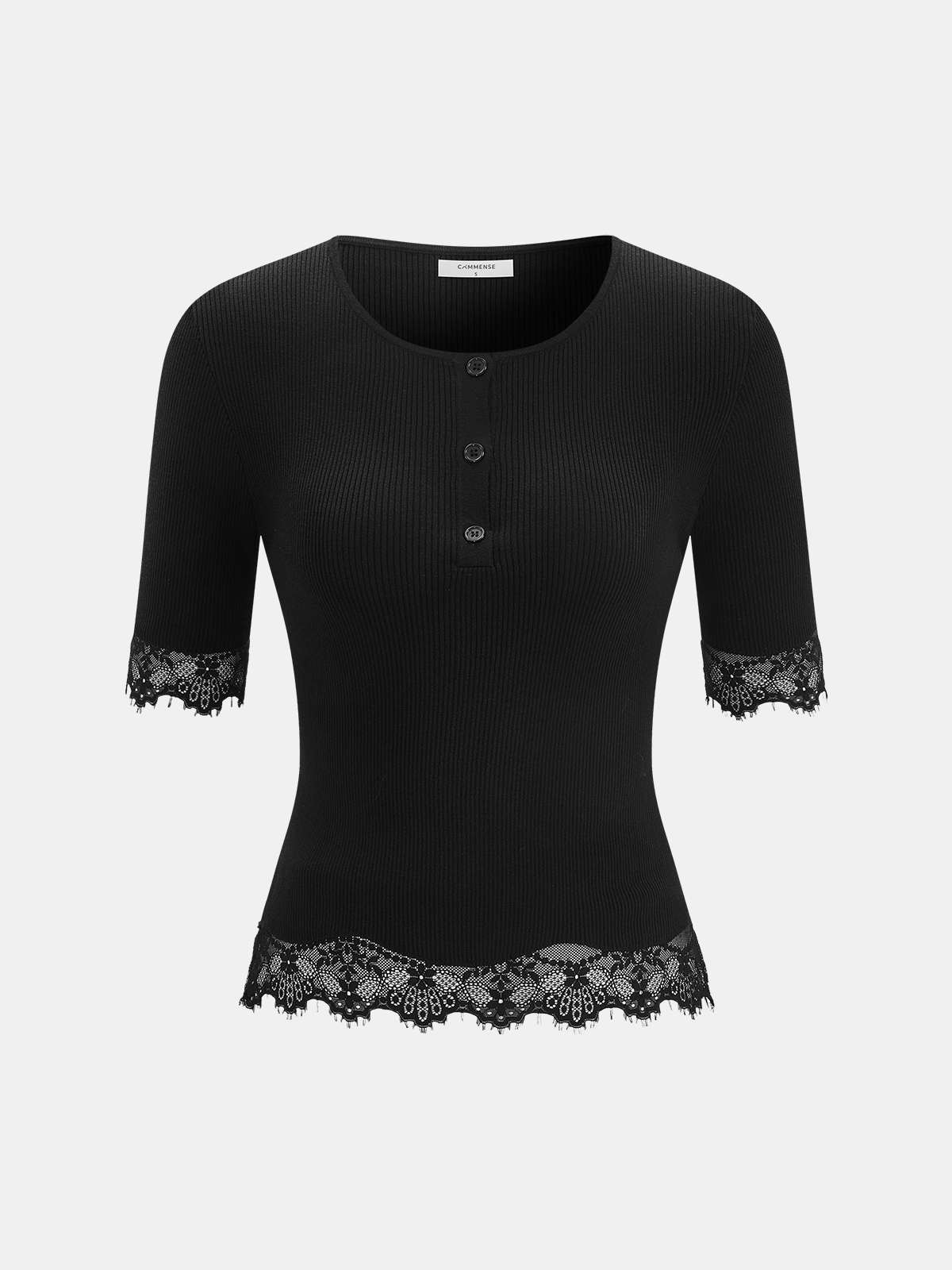 Button-Up Ribbed Knit Top with Lace Trim