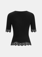 Button-Up Ribbed Knit Top with Lace Trim