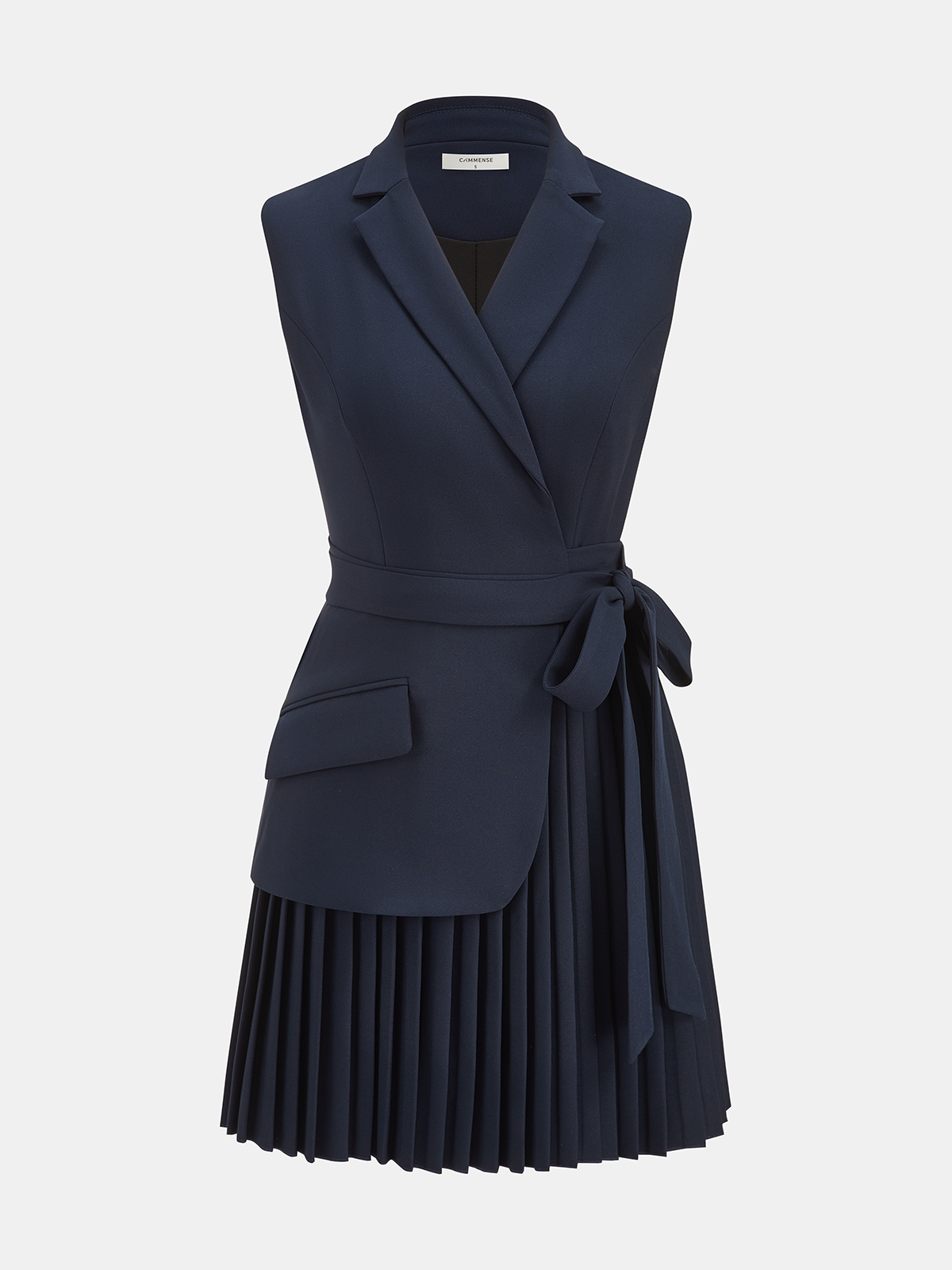 Belted Sleeveless Dress with Pleated Blazer Design