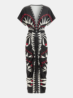 Geometric Pattern Midi Dress with Deep V-Neck