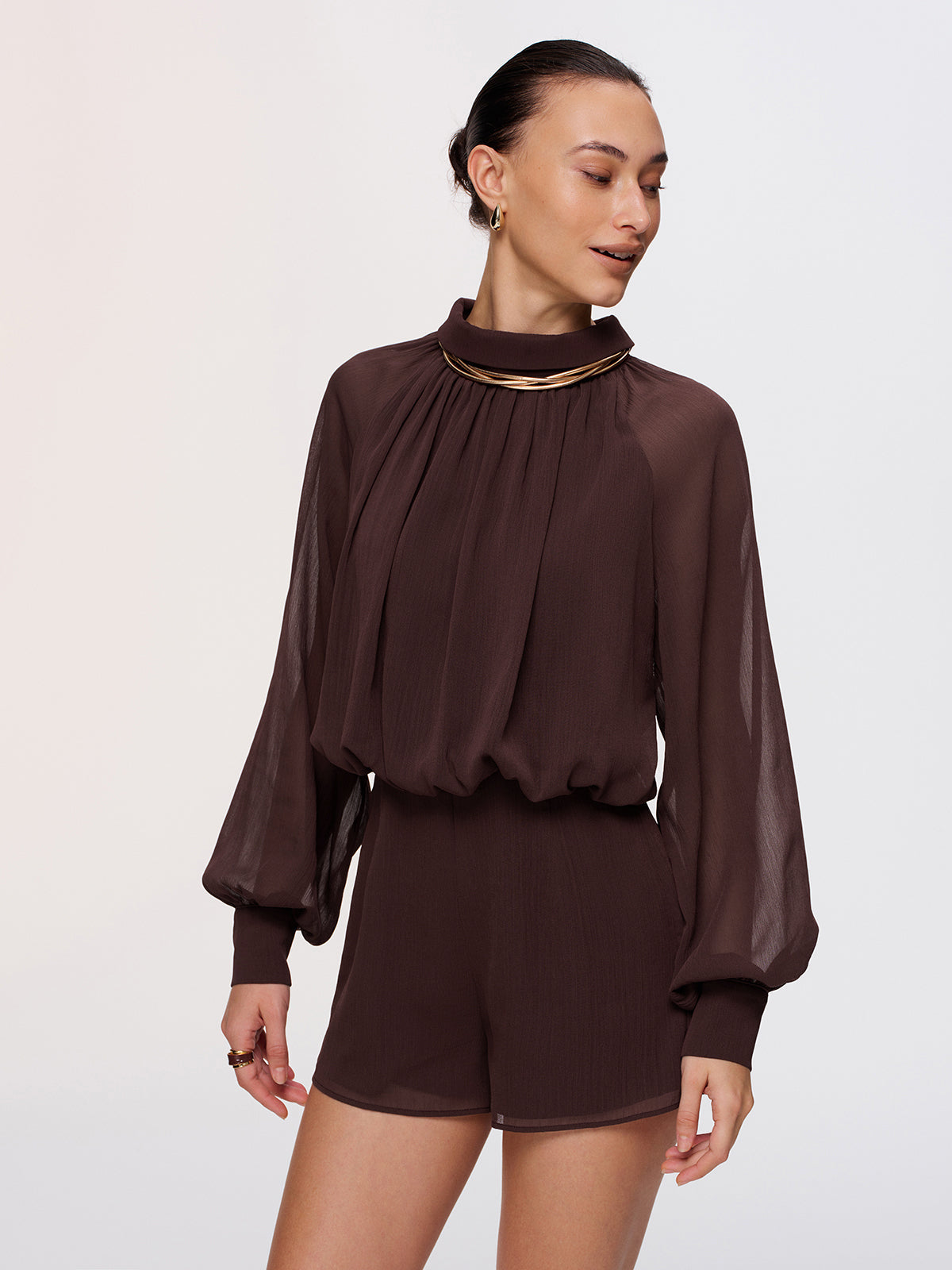 Chiffon Romper with Semi-Sheer Lantern Sleeves