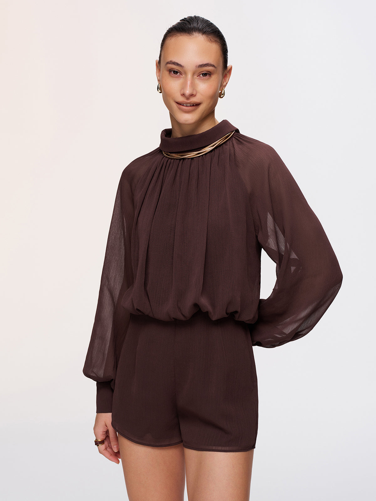 Chiffon Romper with Semi-Sheer Lantern Sleeves