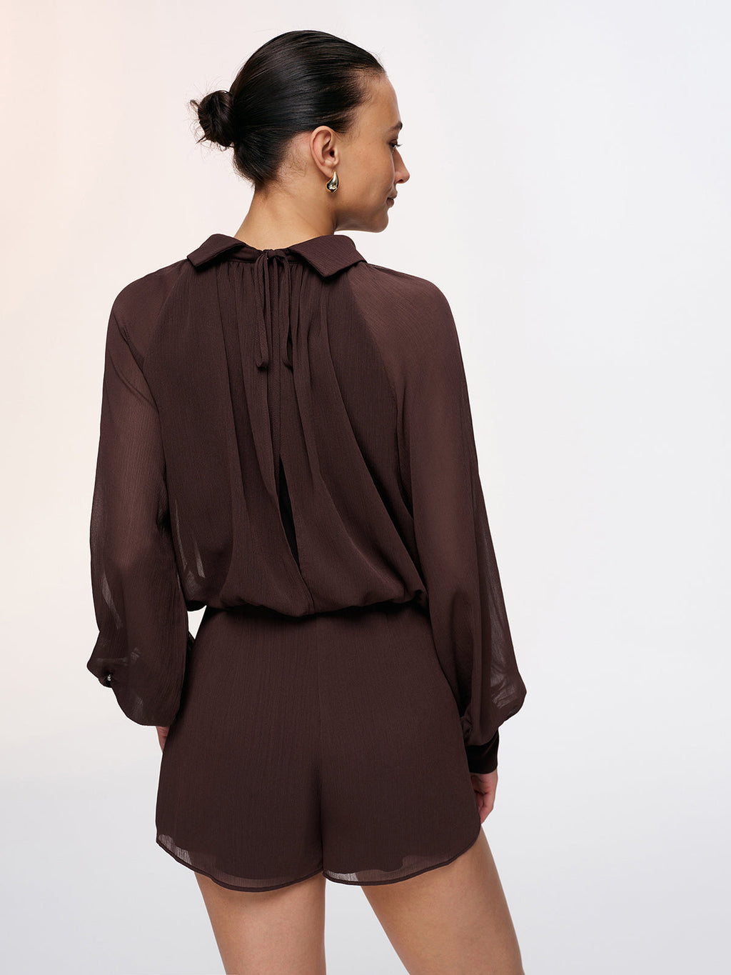 Chiffon Romper with Semi-Sheer Lantern Sleeves