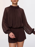 Chiffon Romper with Semi-Sheer Lantern Sleeves