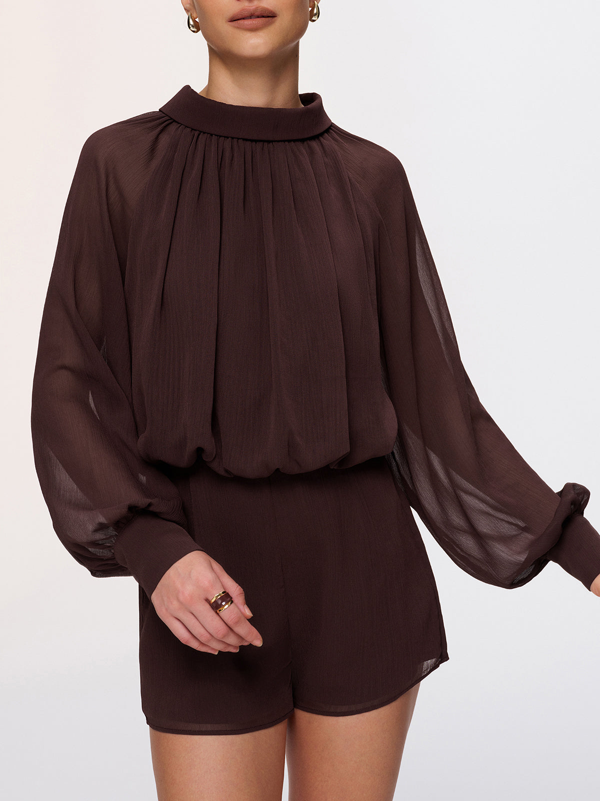 Chiffon Romper with Semi-Sheer Lantern Sleeves