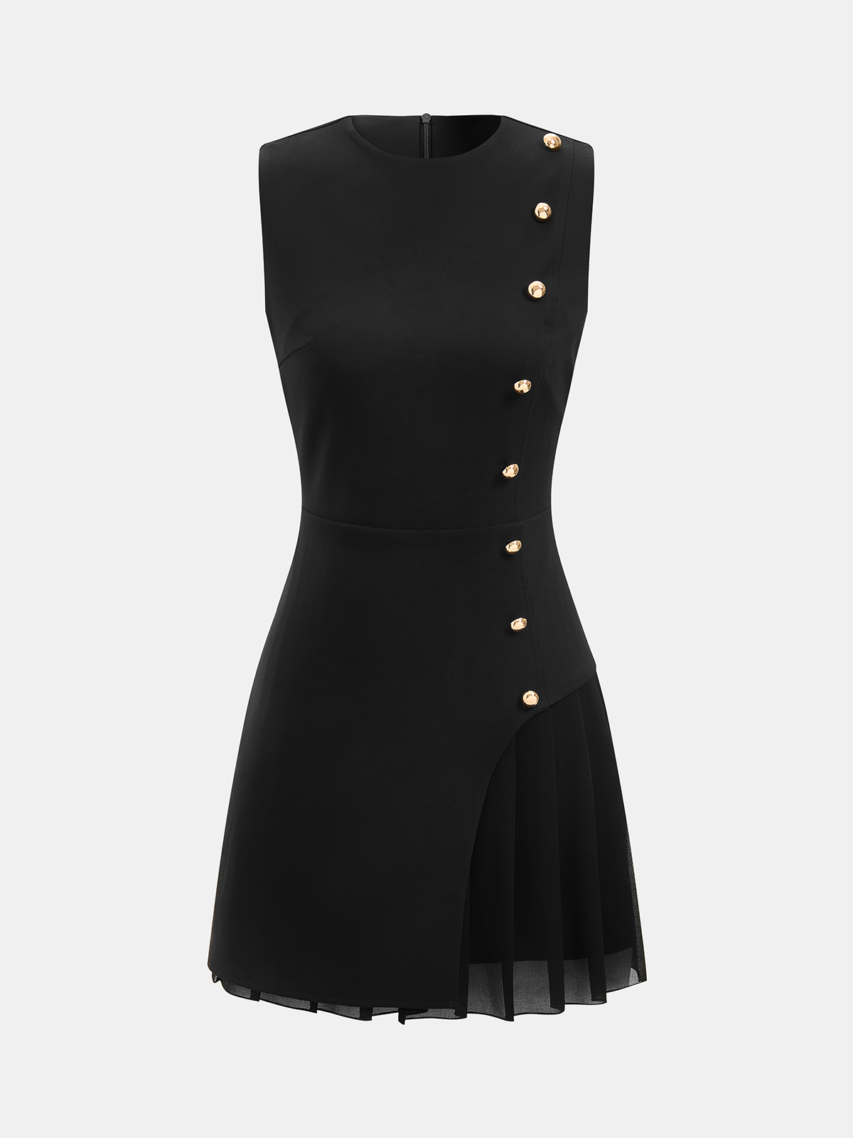 Sleeveless Mini Dress with Pleated Hem and Buttons